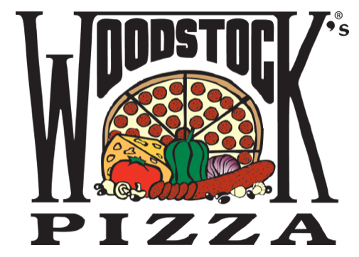Woodstock's Pizza logo with stylized text and a vegetable-topped pizza
