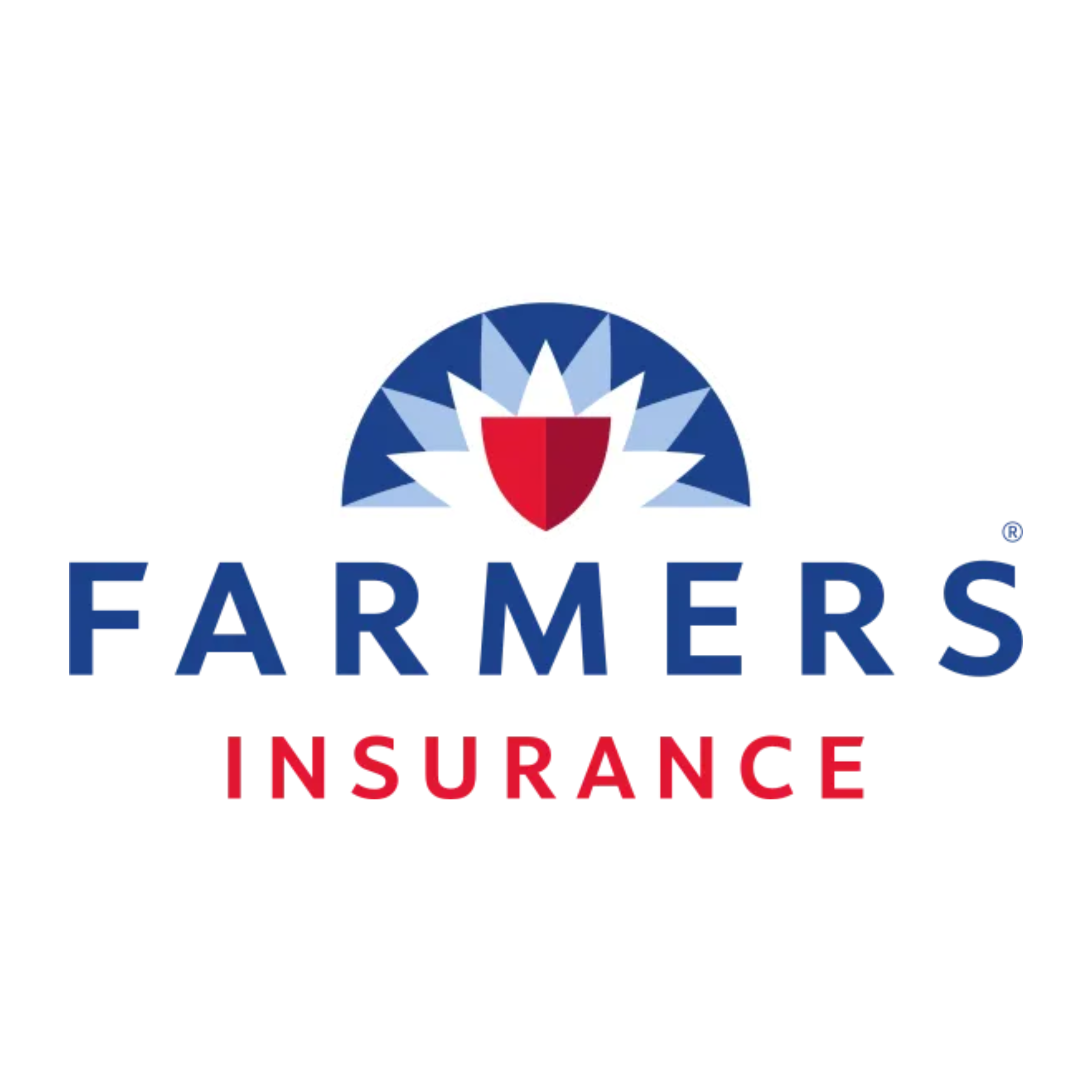 Farmers Insurance logo: blue arc with white burst and red shield above text