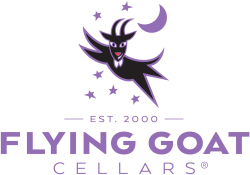 Flying Goat Cellars logo — stylized purple flying goat, crescent moon, stars, and text