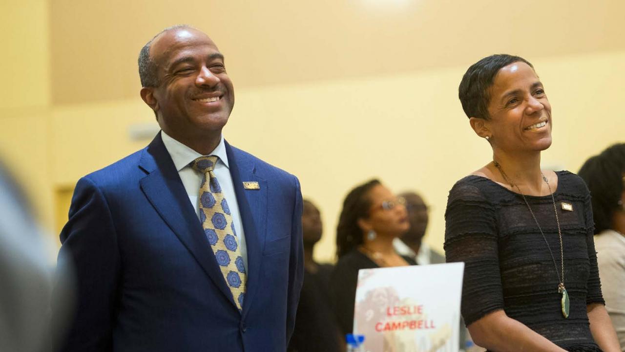 Gary and LeShelle May attend Black Convocation in April 2017 during a campus visit. Gary S. May and LeShelle R. May