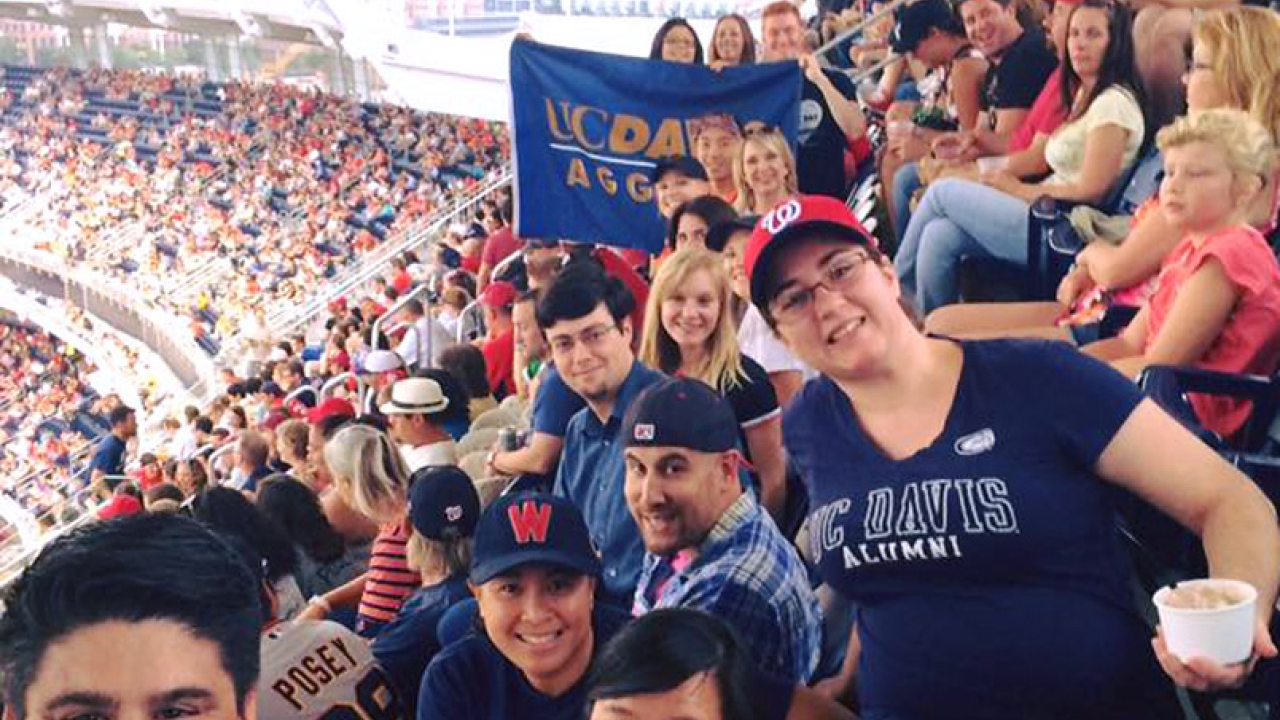 Group of alumni in a baseball stadium