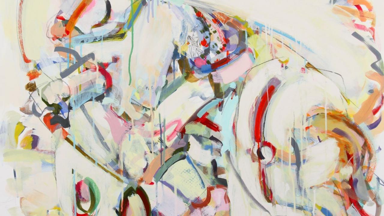 Picture of Professor Werfel's piece Rider. It is an acrylic and mixed media piece. There are brush strokes of different colors on a white background.