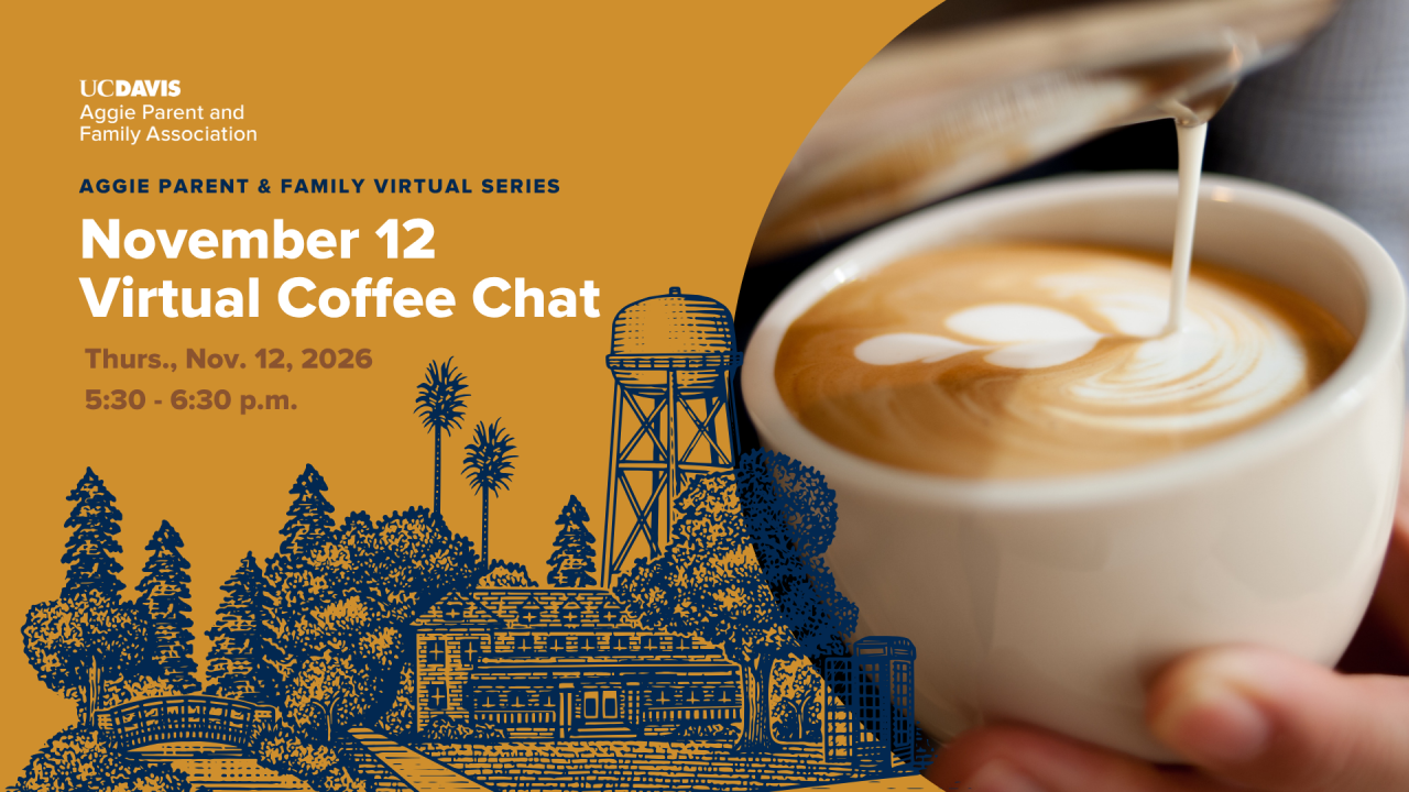 Promotional graphic: hand holding latte with heart foam next to blue sketched town