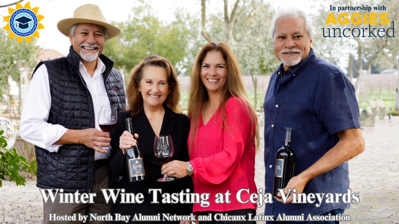 Ceja Vineyard founders Amelia, Pedro, Armando, and Dalia Ceja holding bottles of wine and glasses of wine
