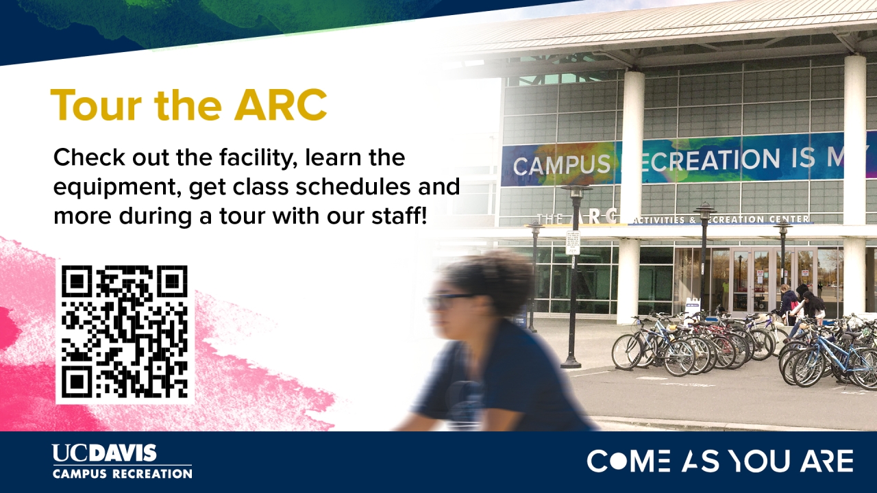 Infographic on the event with text explaining what the event is, with a QR code for mor information, and a photo of the outside of the ARC on the right side of the image with a student in the foreground of the image