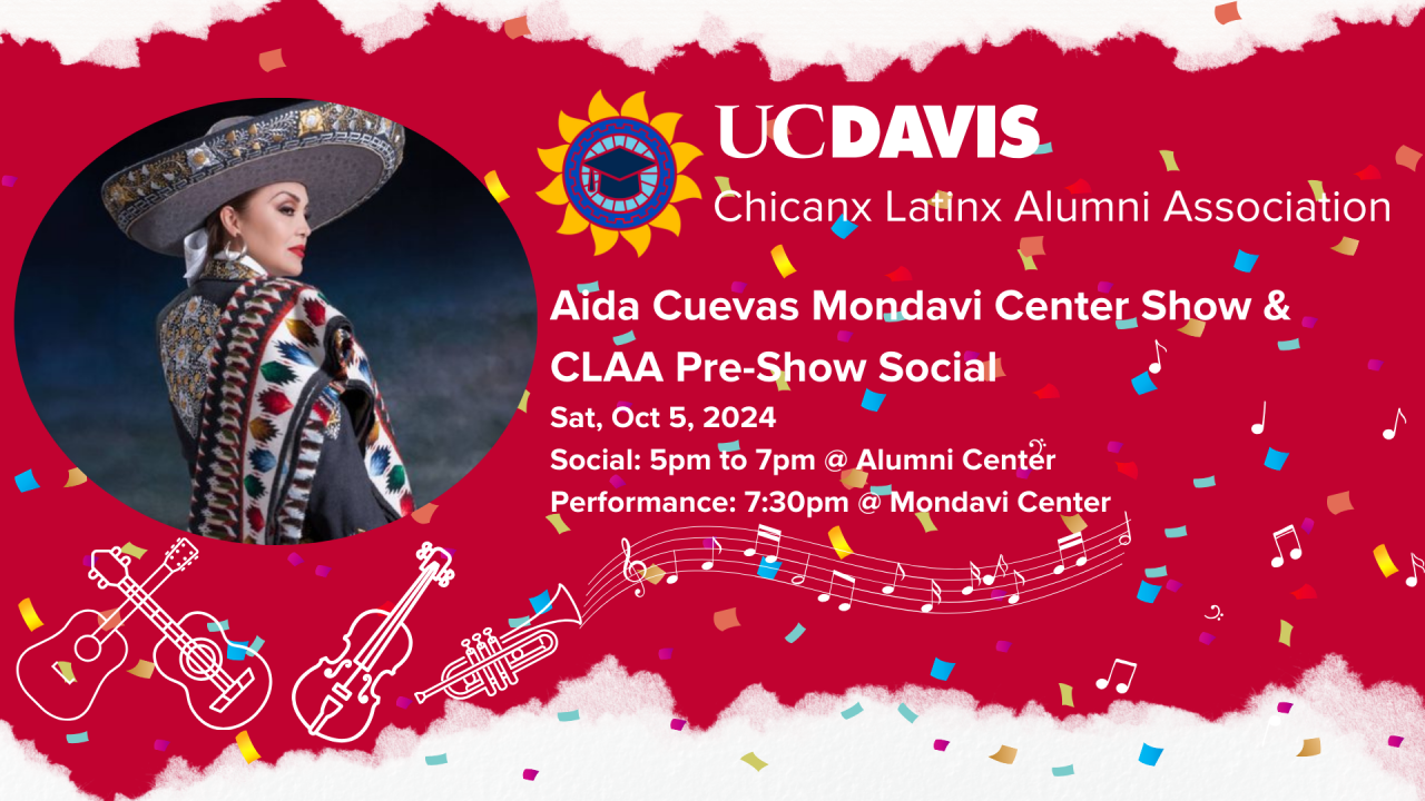 Aida Cuevas Social Invitation with a photo of Aida Cuevas, graphics of a trumpet, violin, guitar, and guitarron. Includes the CLAA Logo