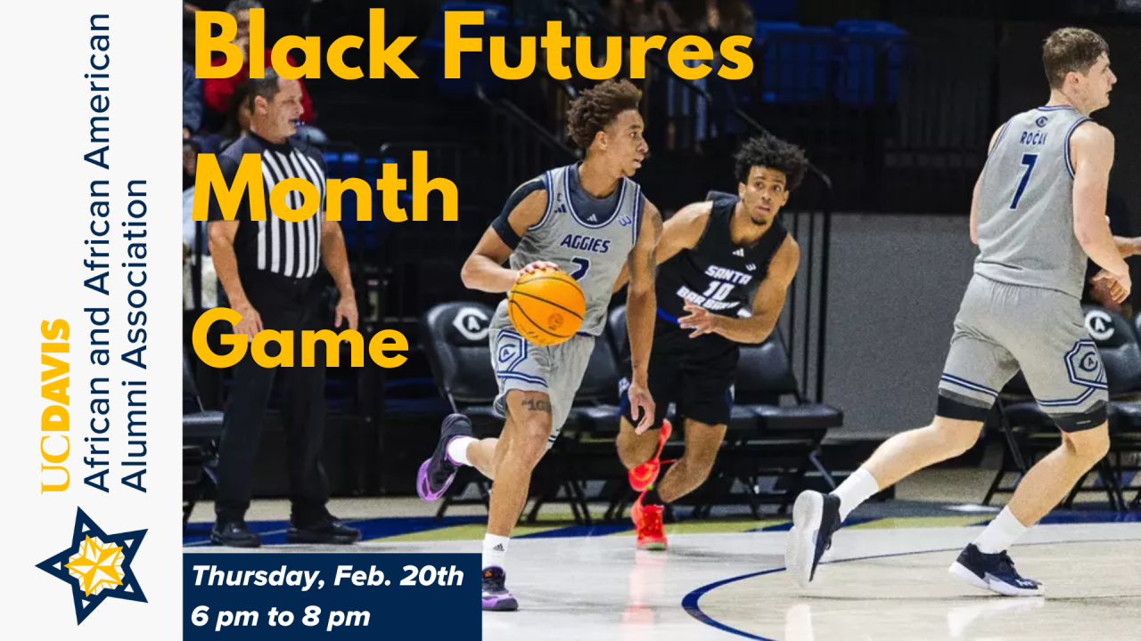 Black Futures Month Basketball game banner image with photo of UCD men's basketball team