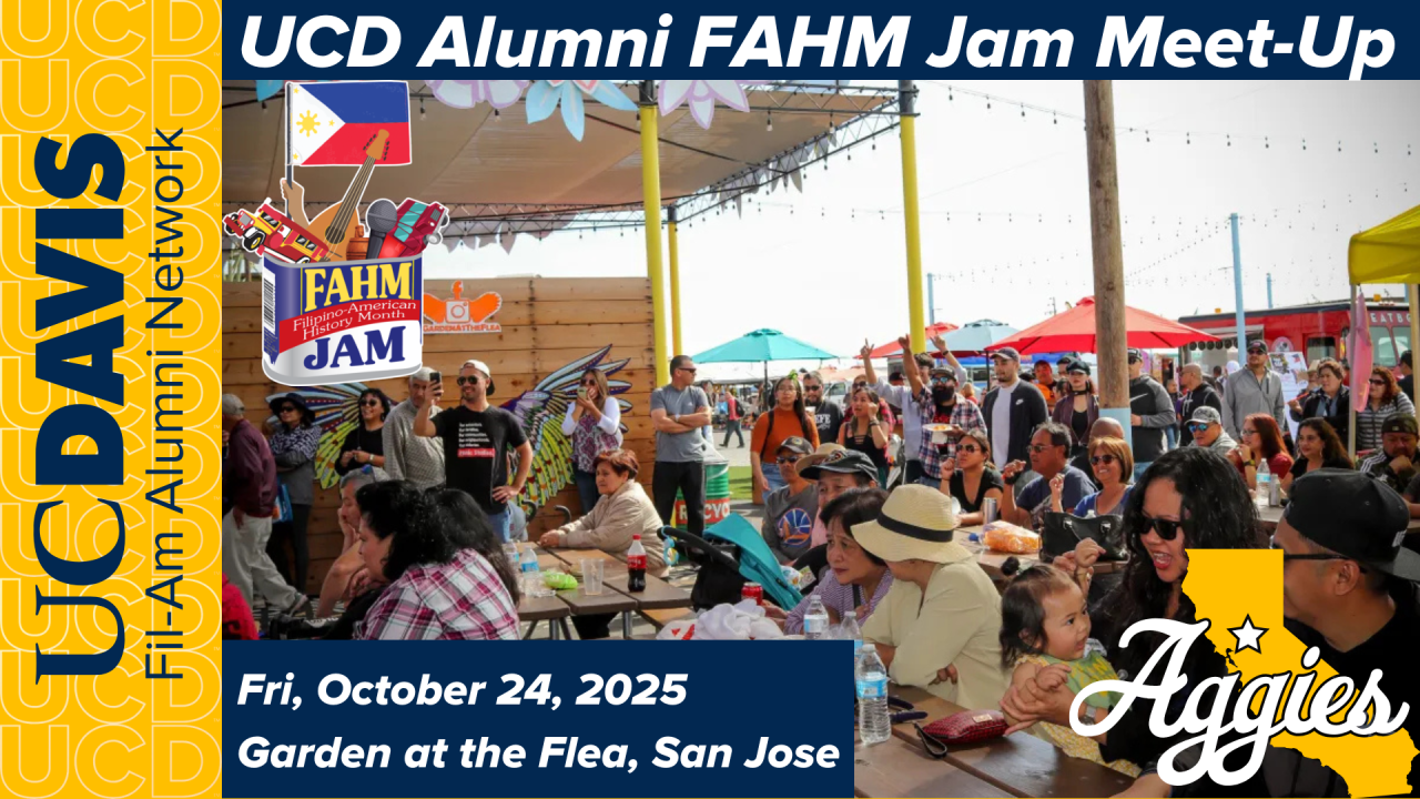 Photo of attendees at a festival with the UC Davis Fil-Am Network Logo on the margin. 