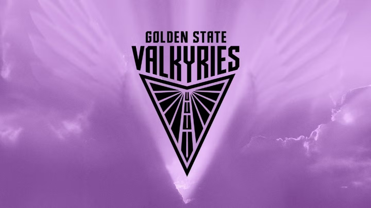 Golden State Valkyries logo centered on purple background with stylized wings