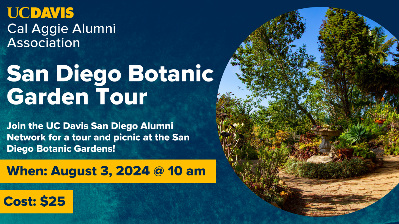 San Diego Botanic Tour Social graphic with the CAAA logo, picture of a garden, and the date, time and cost. 