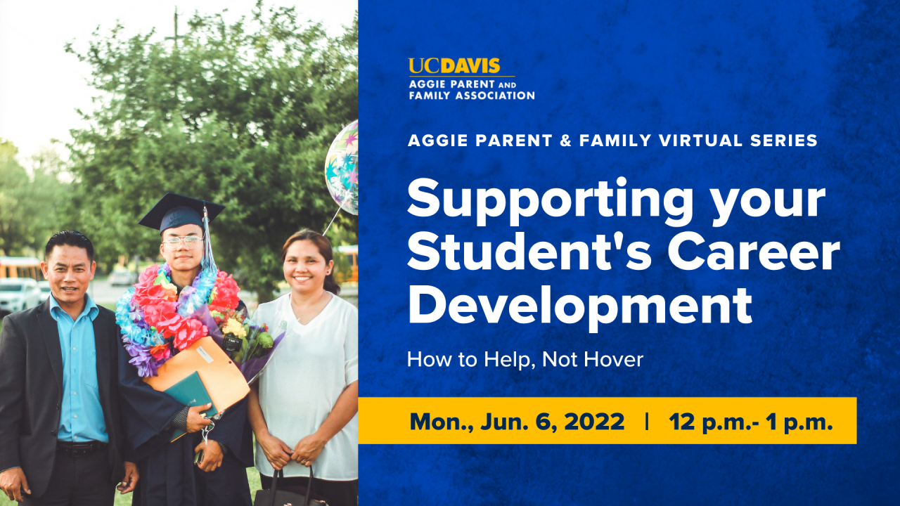 text that says supporting your student's career development with a picture of parents standing next to a graduate