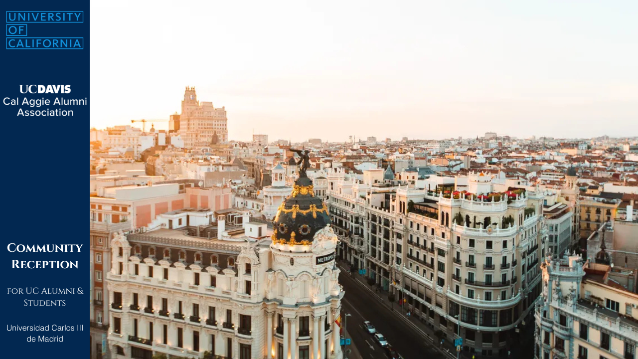 Photo of the Madrid skyline with event info on the side