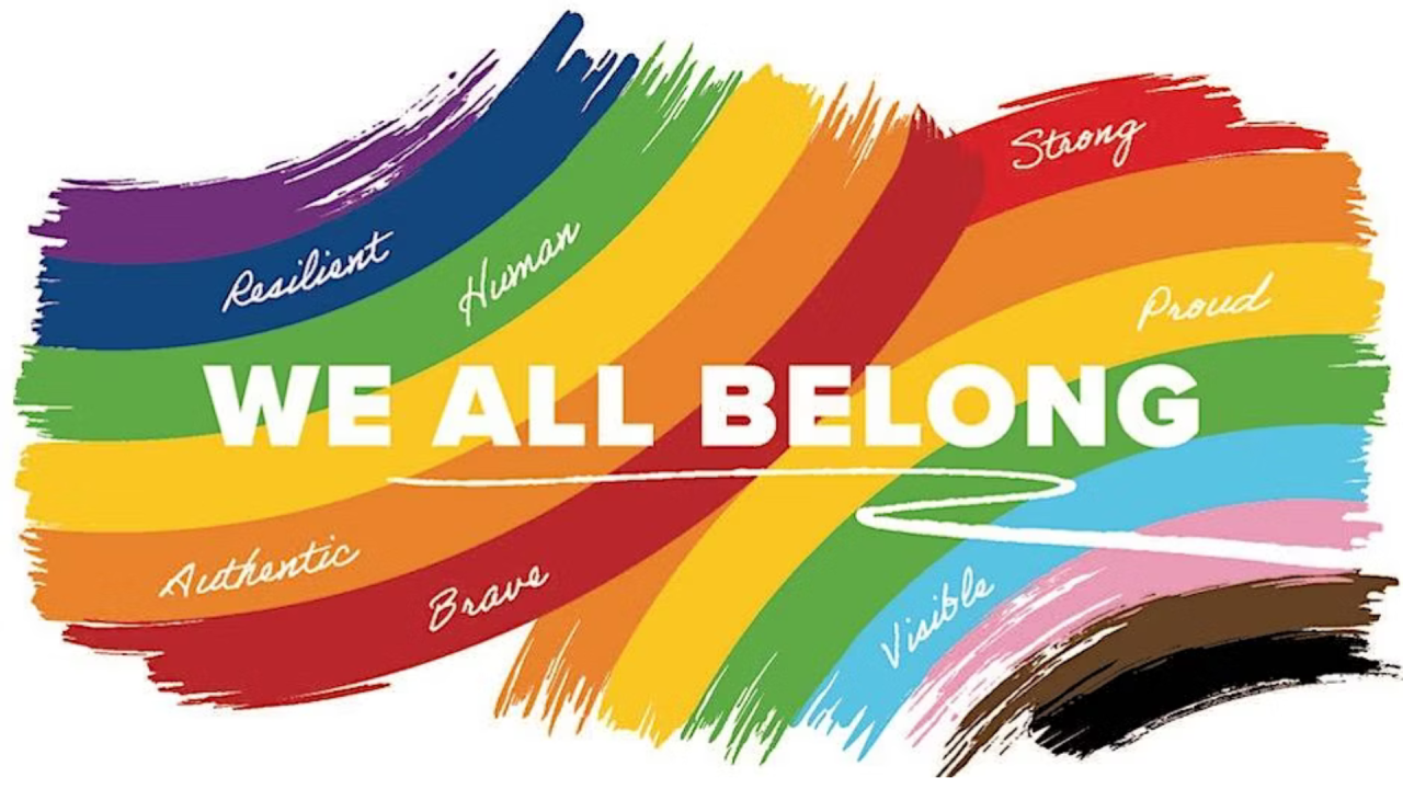Rainbow motif with text that reads "We All Belong"