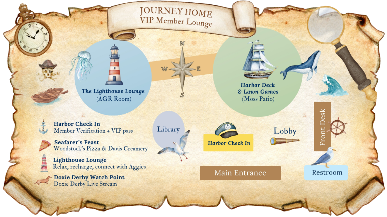 Map featuring various locations at the 2026 VIP Member Lounge, with icons and a nautical theme.