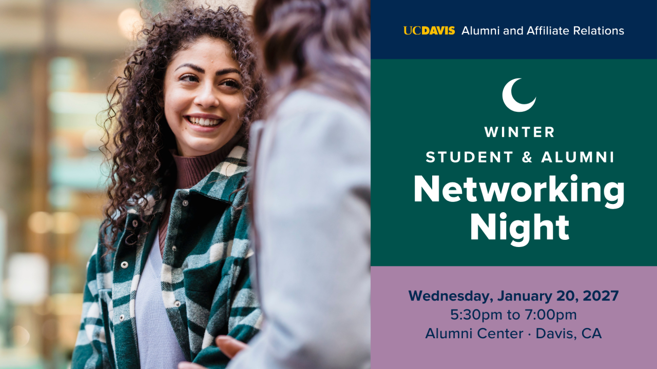 Smiling young woman (photo) beside UC Davis alumni networking event graphic
