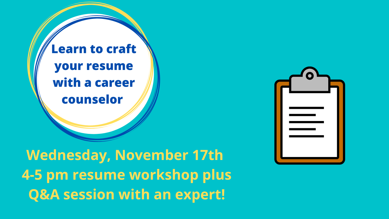 text bubble that reads "learn to craft your resume with a career counselor" and an image of a clipboard