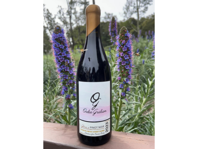 Red wine bottle on wooden railing with tall purple flowers in background