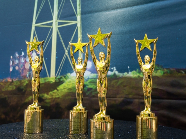 A row of four gold statue trophy awards sitting on a black sparkly sequin tablecloth draped over a cocktail table.