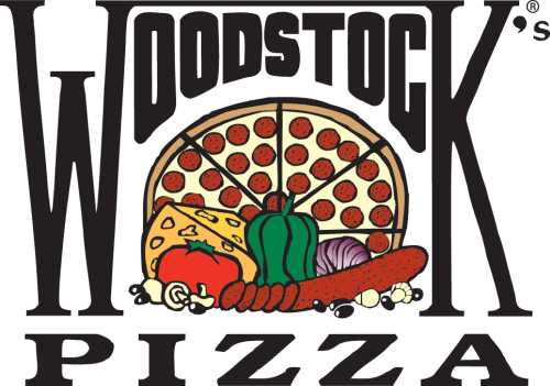 Woodstock Pizza logo: stylized text behind a pepperoni pizza with vegetables
