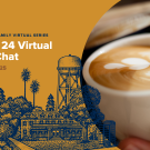 Event poster with orange graphic, blue skyline illustration and close-up latte being poured