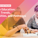 Image of students listening to instructor. Text reads: Alumni Career Network, Careers in Education: Exploring Trends, Opportunities, and Pathways, May 14, 2025, University of California