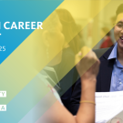 Image of career fair attendee talking to employer. Text reads: HireUC Alumni Career Summit, August 21, 2025, Fresno, CA, University of California