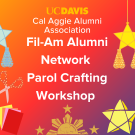 Fil-AM Parol Making Social on a red to blue gradient with graphics depicting crafts and Parol