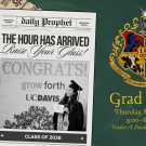 Graphic collage: vintage wizarding newspapers beside green chalkboard "Grad Toast" card with UC Davis Hogwarts inspired crest