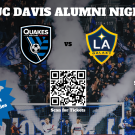 UC Davis Alumni Night at the Quakes Flyer. Text in front of stadium background reading "UC Davis alumni night" 