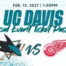 UC Davis event graphic: Sharks vs Red Wings hockey logos on teal-white textured background