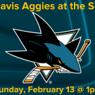 Graphic poster: UC Davis Aggies at Sharks, Sharks logo on teal background with yellow text