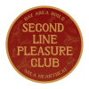 Maroon and gold circular logo: Second Line Pleasure Club; Bay Area Boils, NOLA Heartbeat